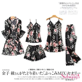 

2020 Spring Summer New Silk Women's Pajamas Sexy Middle-Aged Elegant Clothing Suit Print Pyjama Five Pieces Set Sleepwear PJS