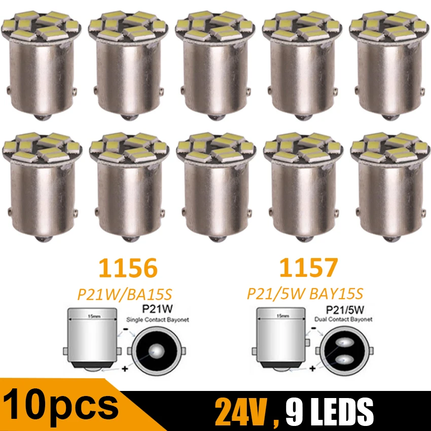 24V светодиодные лампы 1156 BA15S P21W 1157 BAY15D P21/5 Вт S25 5630 9SMD Авто Сигнал поворота