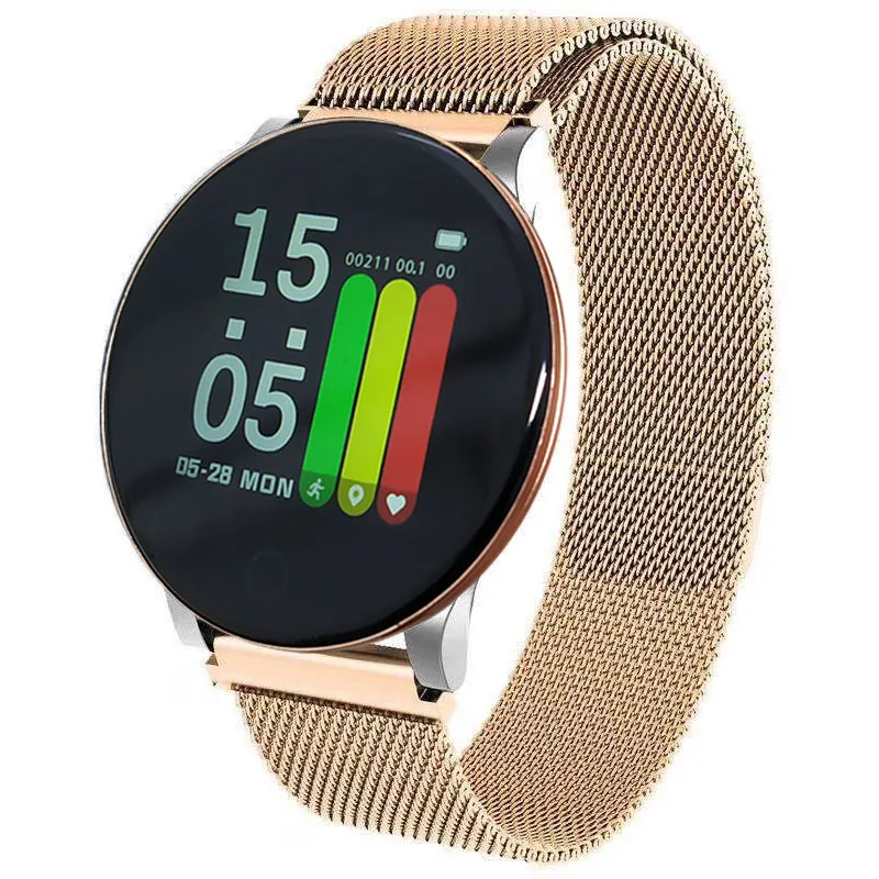 Gold steel Умные часы W8, водонепроницаемые, для мужчин и женщин, кровяное давление, пульсометр, трекер активности, шагомер, спорт, фитнес, умные часы на Android IOS - Цвет: Gold steel