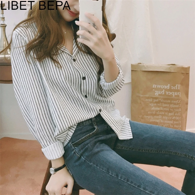 

New 2021 Fall Spring Women's Blouses Casual POLO Collar Preppy Style Shirts Clothing Striped Tunika Office Ladies Tops BL1759