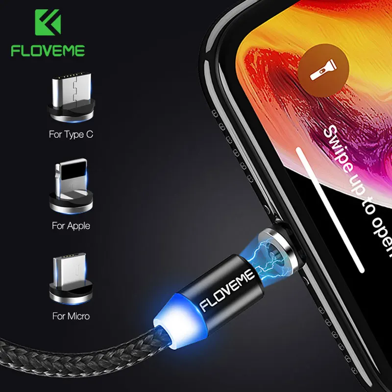 FLOVEME 1M Carga Magnética Cabo Micro Cabo USB Para o iphone 11 Pro Max XR Ímã Tipo C Cabo do Carregador USB LED de Carregamento Cabo De Fio