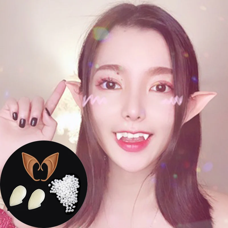 1Pairs Vampire Teeth Fangs Dentures Props Elf Ears Halloween Costume Cosplay Zombie False Teeth Elf Ears Set Party DIY Decor