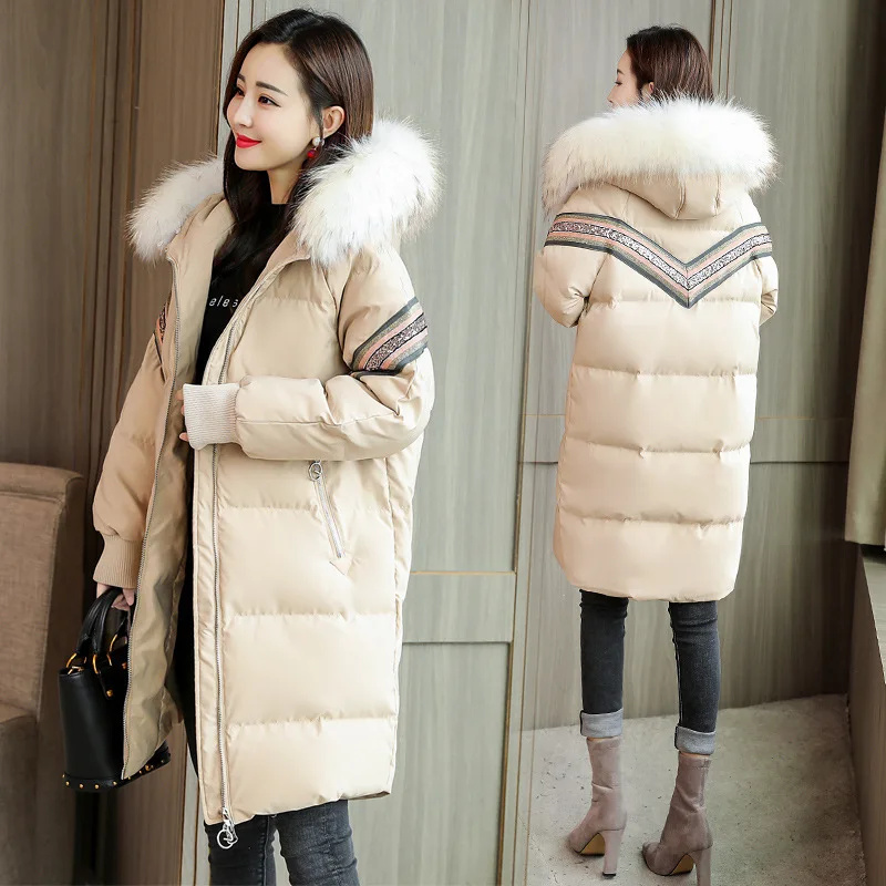 

Large Fur Collar Cotton Coat Women's 2019 Winter New Style Mid-length Cotton Overcoat Loose-Fit Slimming Warm Hooded Cotton-padd