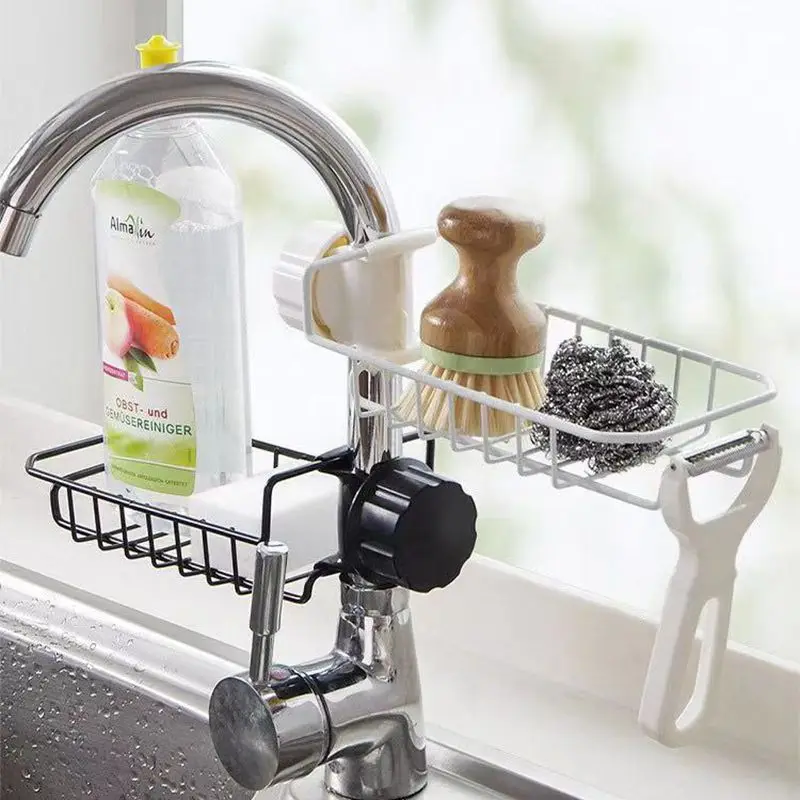 Ellen Kitchen Faucet Drain Basket Stainless Steel Storage with Hook Shower Shelves Holder ELF801