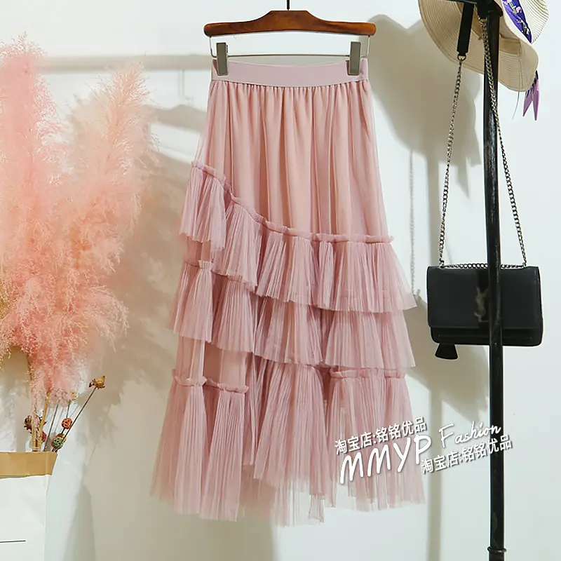 Лето осень новая многослойная Тюлевая юбка Женская Корейская длинная Плиссированная юбка макси Женская длинная Розовая белая юбка солнце