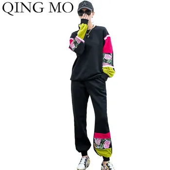 

QING MO Women Embroidered Set 2020 Autumn And Winter Women Floral Printed Three Piece Set Female Fashionable Set ZQY5721