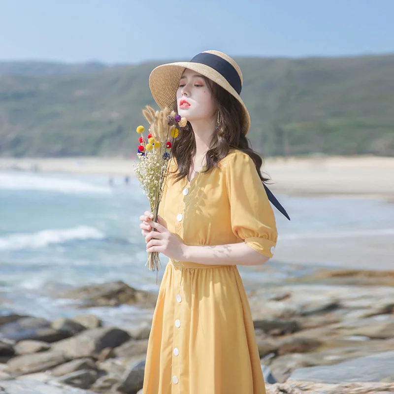Women's Dress 2022 Summer Fashion women's New Solid Color Was Thin French Retro Dress Yellow dress