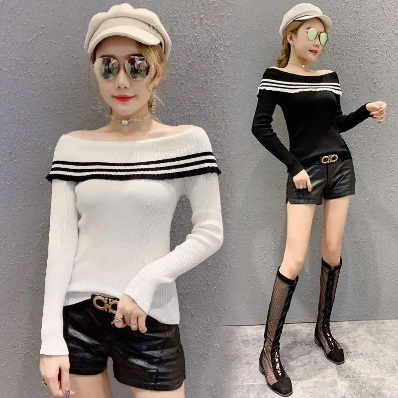 

4148 Photo Shoot Charade Early Autumn off-Shoulder Tops Sweater Women's Slim Fit Sexy Exposed Shoulder Short Sweater