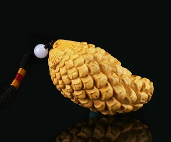 

2.8" Fine Chinese Box-wood Hand-carved Auspicious Pine Cone Small Statue Pendant
