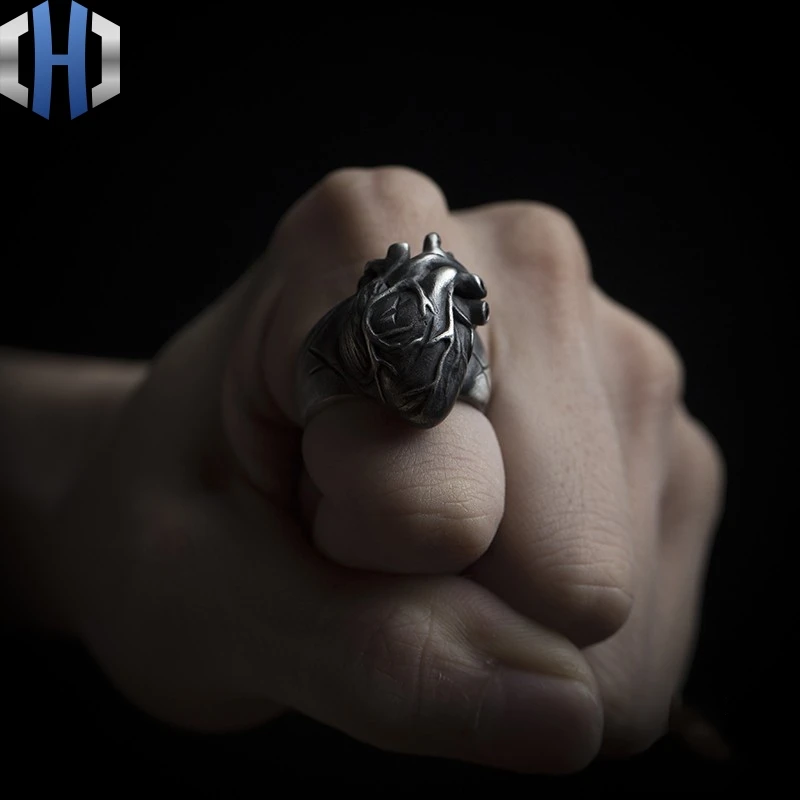 Дизайн, темное серебряное кольцо ручной работы с сердцем, 925 серебряное кольцо в стиле панк, мужское кольцо в форме сердца