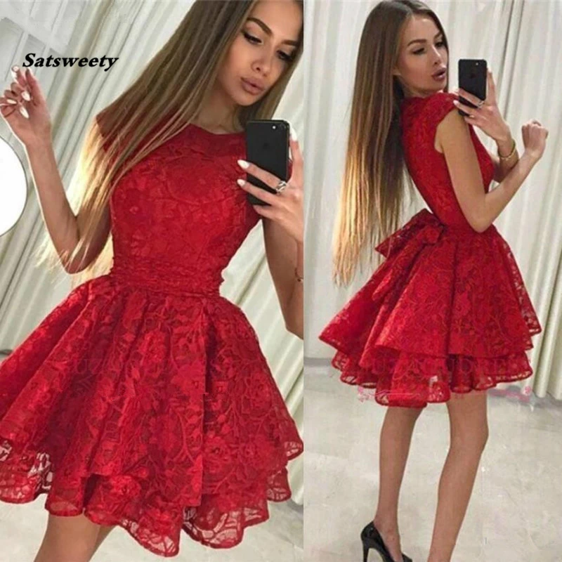 Beautiful Homecoming Dress A-line Cap Sleeves Short Mini Lace Applique Tiered Red Cocktail Dresses vestidos de graduacion