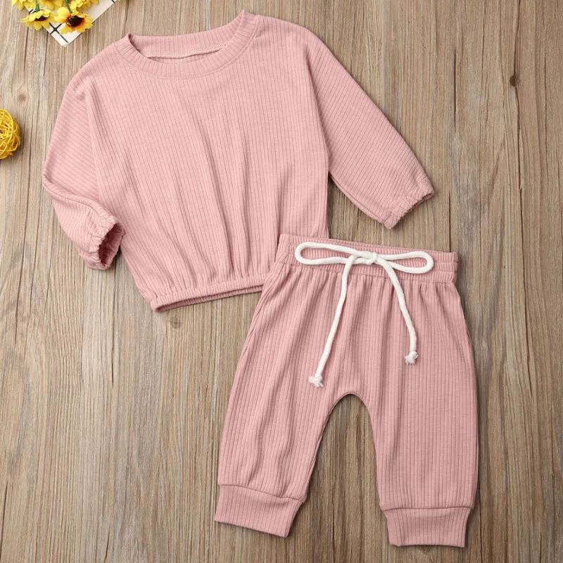 Розовый Emmababy Одежда для маленьких девочек; Свободные повседневные однотонные топы с длинными рукавами; футболка; длинные штаны; Спортивный костюм; осенняя одежда - Цвет: Розовый