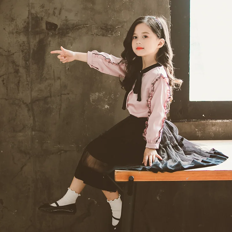 

2019 Spring And Autumn New Style Big Boy Korean-style Girls Frilled Shirt Mesh Dress Set Children Two-Piece Set