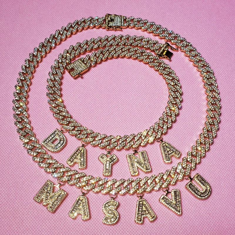 Iced Out Letters Bracelet Custom Words Bracelet Name Custom Bracelet 12MM Miami Cuban Link With Baguette Letters