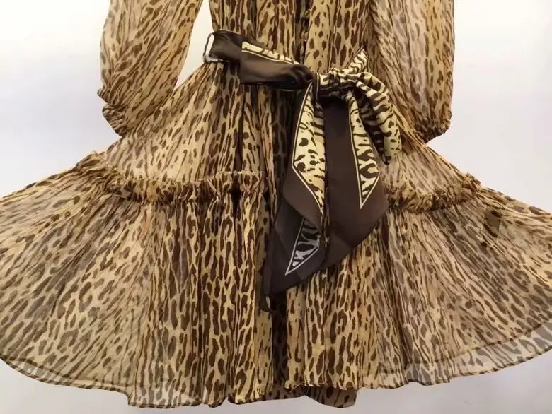 10.6 Autumn new Silk Leopard Bow Tie lantern Sleeve Single-breasted Women's Mini Dress Matching Belt