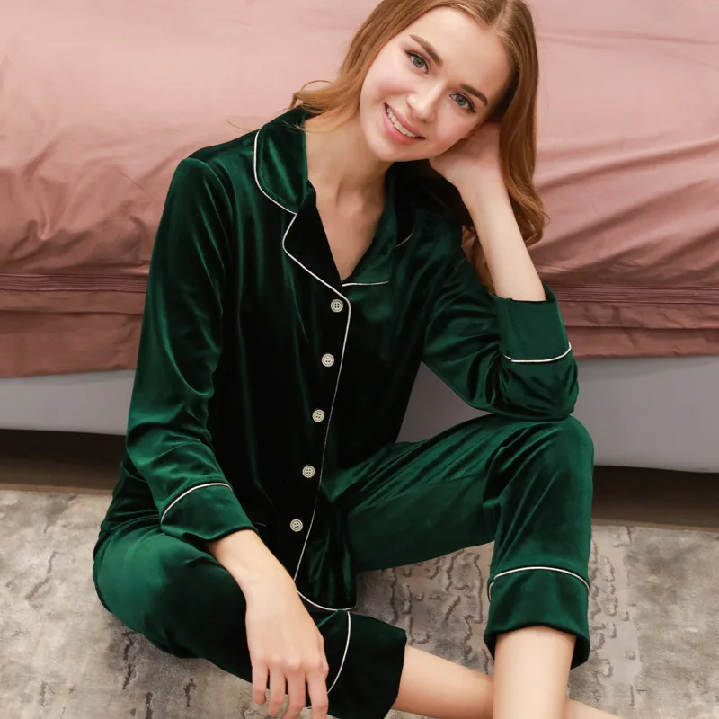Dark Green W Парные пижамы, осень, золотые бархатные Модные женские пижамы с длинным рукавом, свободные мужские пижамные комплекты размера плюс, домашняя одежда - Цвет: Dark Green W