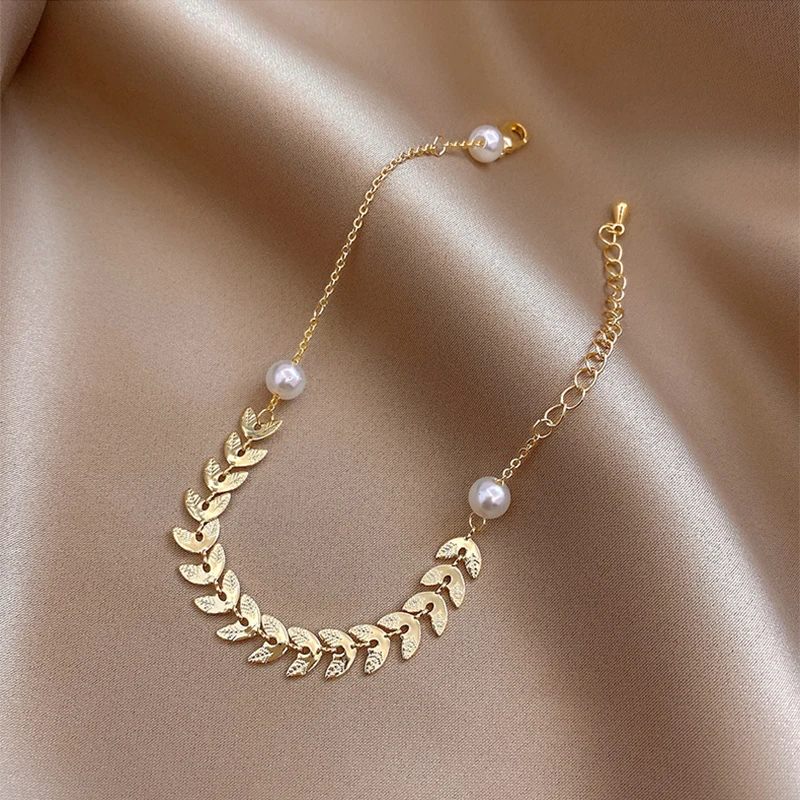 Stainless Steel Gold Leaves Pearl Bracelets For Women Vintage Gift Fashion Jewelry Fashion Bracelet