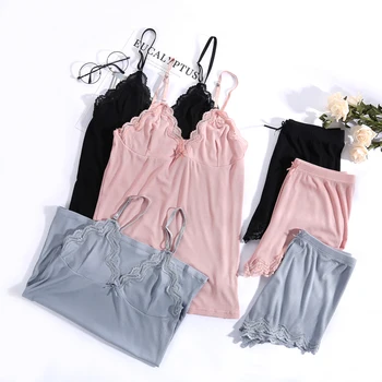 

Daeyard Women Cotton Pajamas V-Neck Sleepwear Sexy Lingerie Set Pijama Nightwear Lace Homewear Strap Sleep Lounge Pyjama Suit