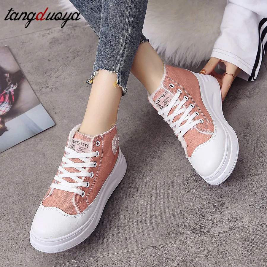 Высокие парусиновые ботинки женские кроссовки на платформе теплые зимние