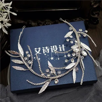 

European and American elegant simple silver leaf rhinestone headband fairy beauty bride headdress 2020 new wedding jewelry