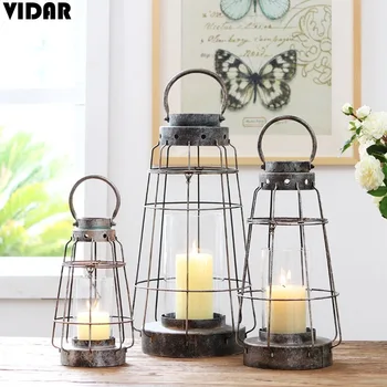 

VIDAR Retro Hollow Iron Glass Candle Holder Decoration Large Straight Glass Protection Portable Candle Holder Wind Lamp