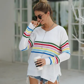 

Clearance Long Sleeve Knitted Pullovers Tops Henry V Neck Rainbow Stripes Patchwork Knit Sweater Side Split Asymmetry Cut