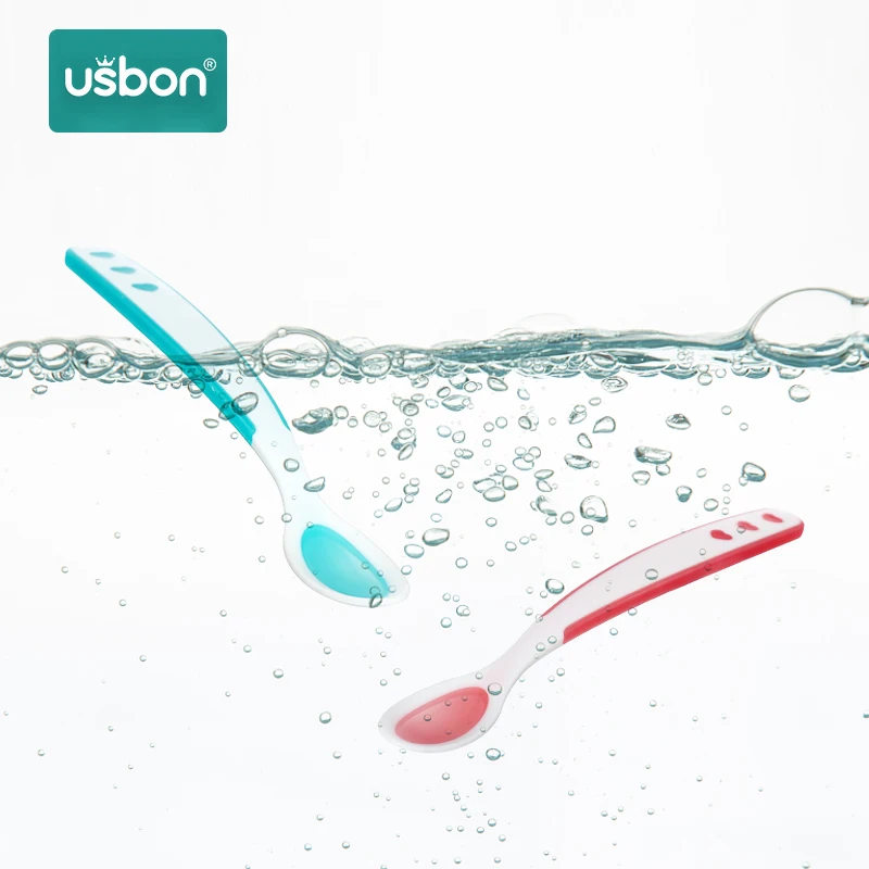 Usbon, 2 шт./лот, Обучающие блюда, ложка с датчиком температуры для детей, безопасные столовые приборы, силиконовая ложка для кормления, посуда