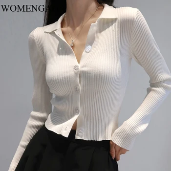 

WOMENGAGA American Slim Solid Color Lapel Buckle Stretch Long Sleeve Knitted Cardigan Base Top Women's Sweater BF3V