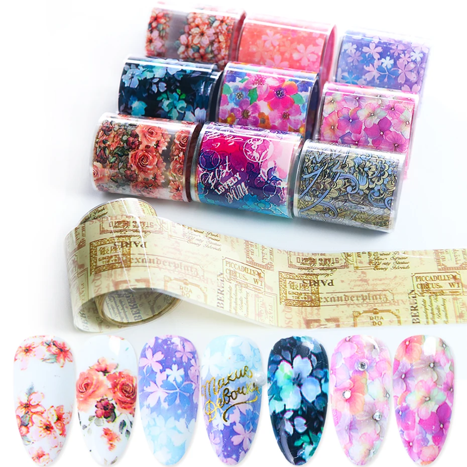 10 RollsBox Charms Flower Nail Art Transfer Foils Polish Sticker Transparent Decal Wraps Nail Art Decoration Manicure 1