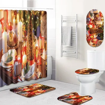 

Christmas Shower Curtain Bathroom Mat Five-Piece Bathroom Toilet Carpet Shower Mat