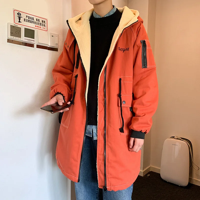 LAPPSTER мужские шерстяные толстые зимние длинные куртки пальто мужские с капюшоном Harajuku парка ветровка пальто Корейская уличная одежда пальто - Цвет: Orange