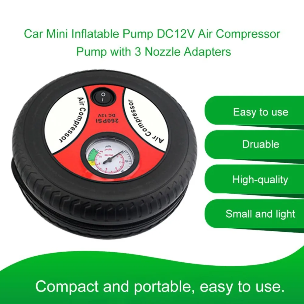 Автомобильный мини-надувной насос DC12V металлический пластиковый Электрический воздушный компрессор насос монитора с 3 адаптерами сопла