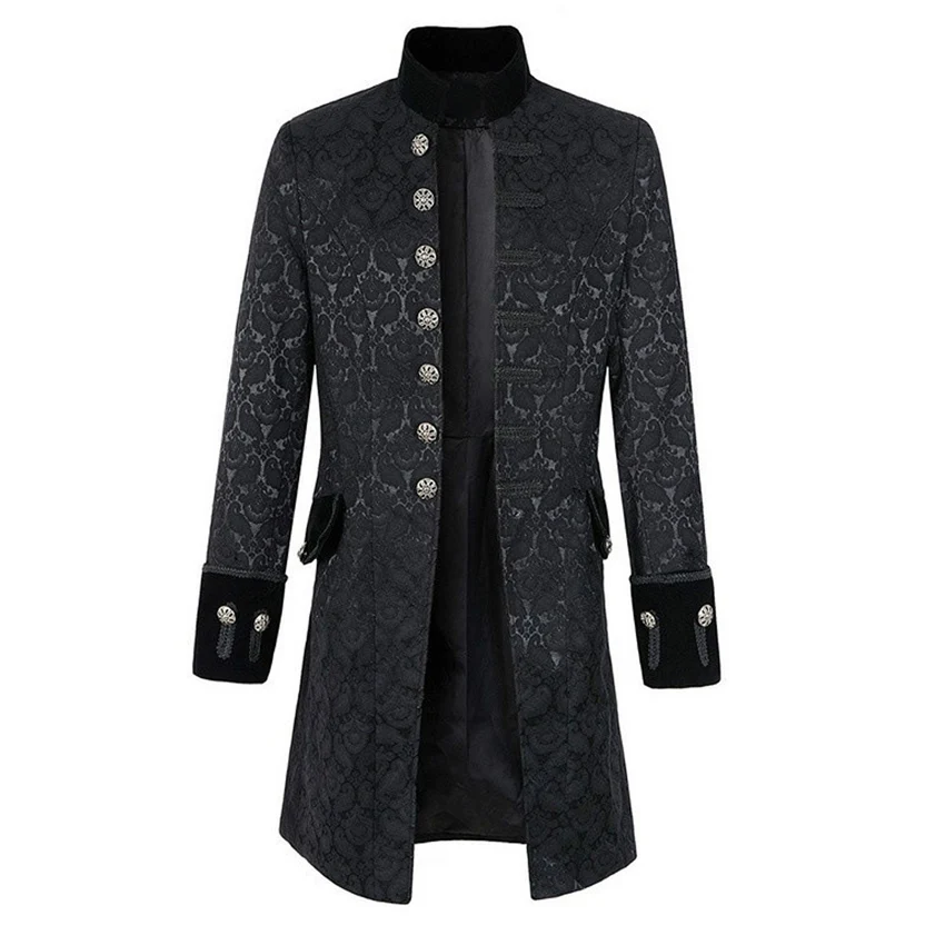 Vintage Victorian Gothic Brocade Jacket for Man Medieval Cosplay Costumes Steampunk Full Sleeve Long Coat Renaissance Clothes - Color: Black