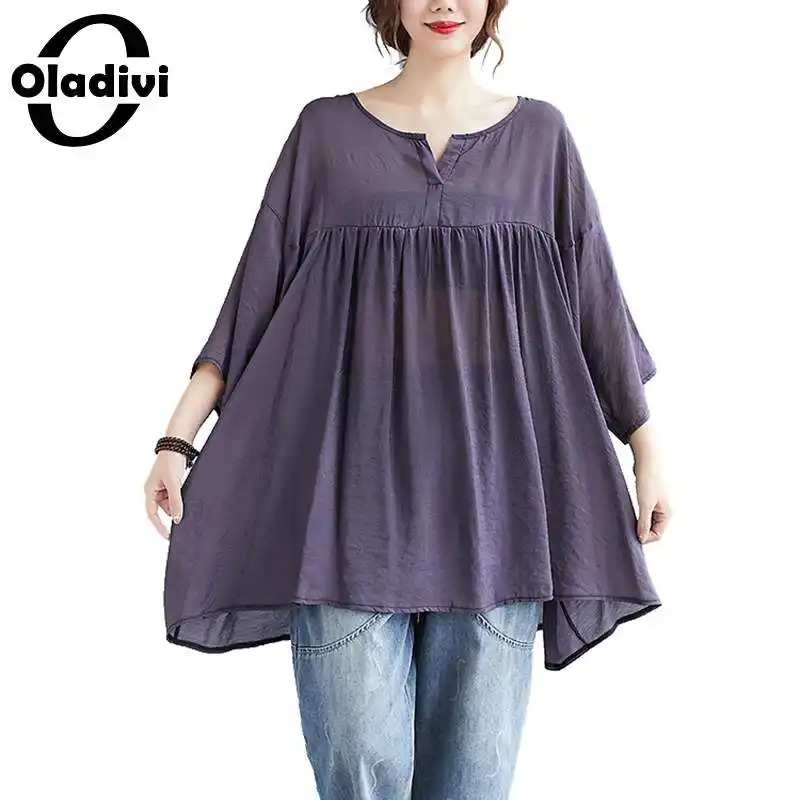 Oladivi-Camiseta de talla grande para mujer, Blusa de lino y algodón de Color liso, Camiseta holgada informal, camisetas tipo túnica, Blusa 8XL, 7XL, 6XL, 5XL