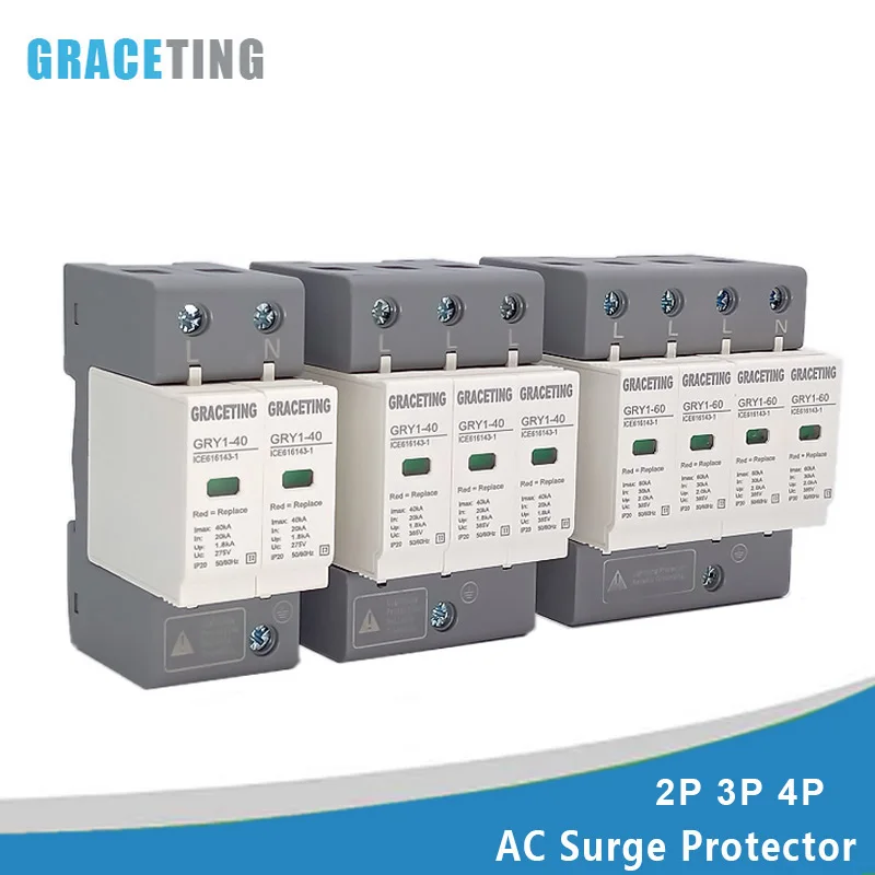 Ac Spd Dispositivo Di Protezione Da Sovratensione 2P 3P 4P 20Ka 40Ka 60Ka 275V 385V 420V Scaricatore Di Protezione Contro I Fulmini Della Casa Protezi