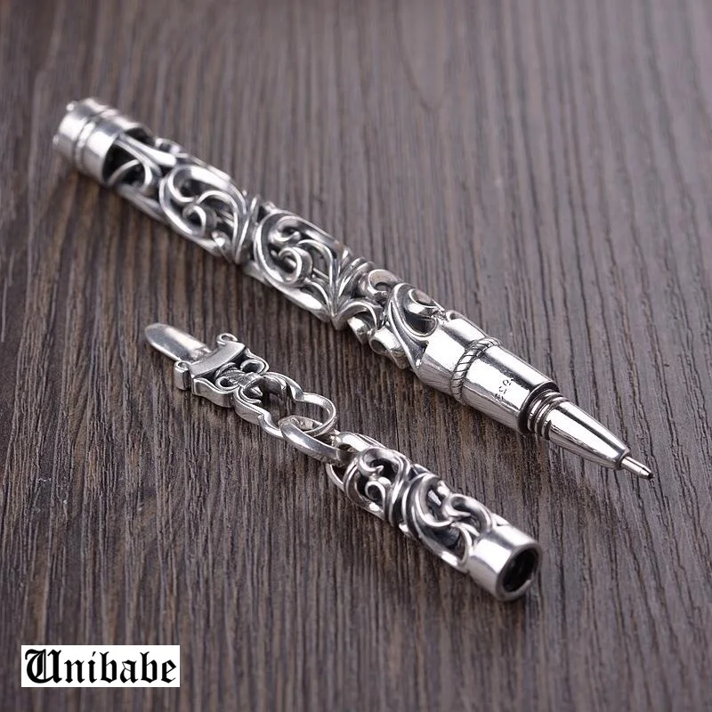 

Pure Silver Sterling Silver Pen Pendant Vintage Carved Flower Vine Ballpoint 925 Silver Pen Gift S925 Jewelry