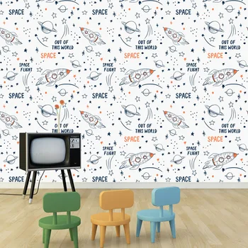 

1pc White and blue Self adhesive PVC Space Rocket Planets 3D Wall Paper Mural On The Wall For Boy Kid's Room Wall Decor New