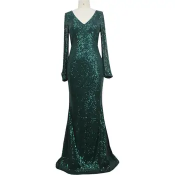 

Sequins Long Evening Party Dress Elegant Lady Long Prom Gown Full Sleeve Mermaid Robe De Soiree Sexy V-neck Tassel Vestidos