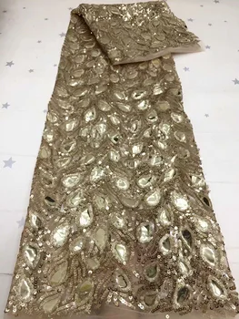

Most popular Net Lace Fabric dress fabric golden color water-drops shaped pattern kinds of sequins French Tulle Lace Fabric