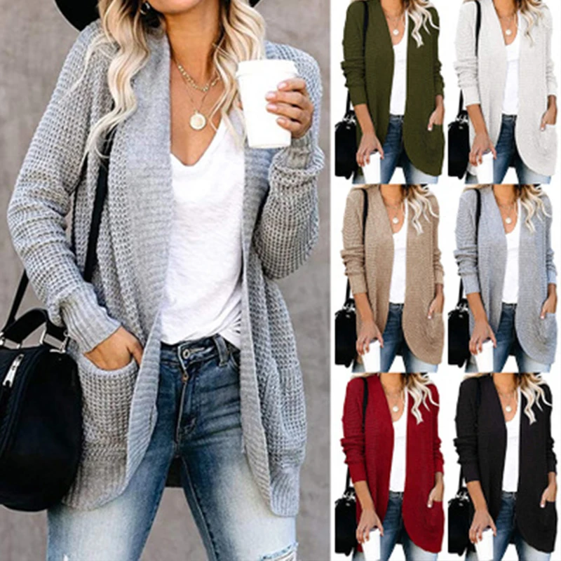 

Fashion Women Long Sleeve Pockets Cardigan Autumn Winter V-neck Long Sweater Ladies Solid Loose Knitted Sweaters Coats Outwear