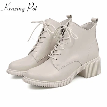 

krazing pot genuine leather vintage solid round toe keep warm thick high heels concise lazy style superstar western boots l26