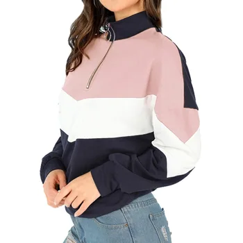 

Women Autumn Winter New Plus Velvet Sweatshirts Half Zipper Color Matching Long Sleeve Pullover Clothes