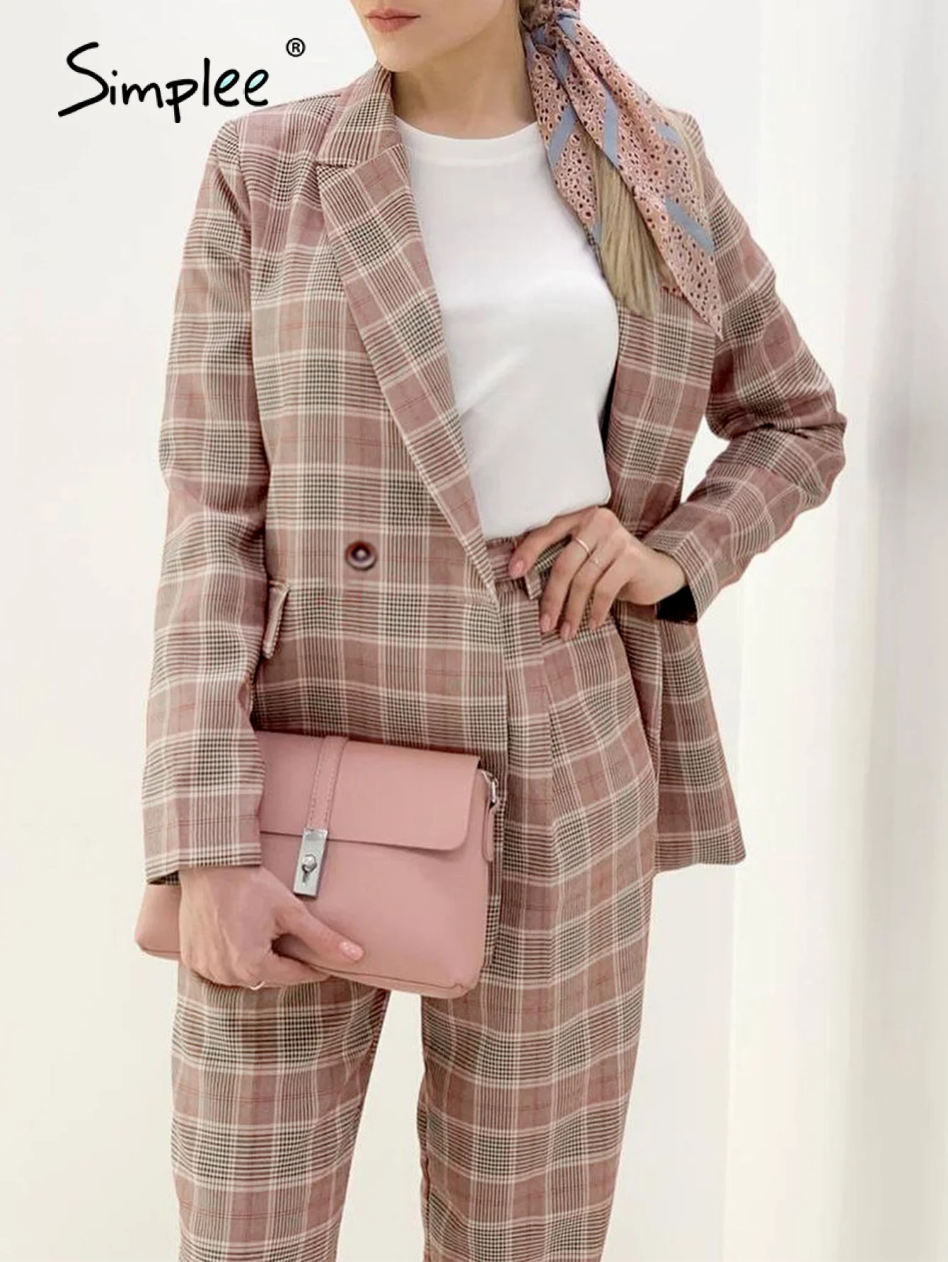 Simplee Office Straight Plaid Women Suit Blazer Autumn Elegant Lapel Pocket Suits Female Casual Business Fashion 