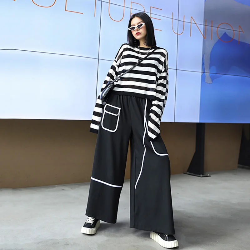 [EAM] High Elastic Waist Black Pocket Split Long Wide Leg Trousers New Loose Fit Pants Women Fashion Spring Autumn 2020 1X812