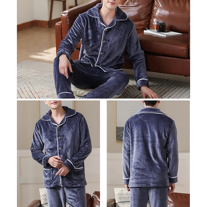 Man Quality Thick Warm Pajama Sets Men Flannel Long Sleeve Sleepwear Fashion Solid Color Homewear For Male silk pajama set