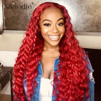 

Melodie Burgundy Curly 99J Brazilian Lace Front Human Hair Wigs pre plucked Deep Water Wave 13x4 Lace Frontal Hair wig