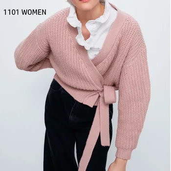 

ZA NEW women knitted cardigan sashes tie V-neck solid sweater casual loose style female woman clothes
