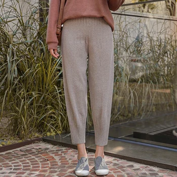 

Winter Thick Women Sweater Pants Striped Knitted Trousers High Waist Harem Pants Femme Stretch Knitted Pantalones Mujer