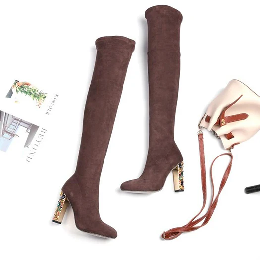 Brand Black Thigh High Suede Slim Women Boots Rhinestone Chunky Shoes Over The Knee New Fetish Heel Extreme Tall Diamond Long - Цвет: Coffee