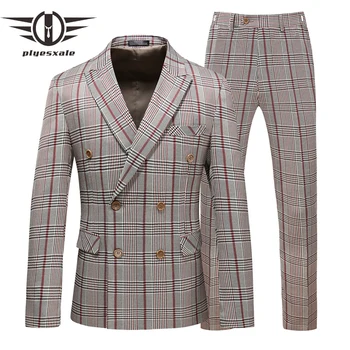 

Plyesxale Three Pieces Men Double Breasted Suit Slim Fit Mens Plaid Suits Elegant Prom Dresses Casual Party Suit Male 5XL Q1048
